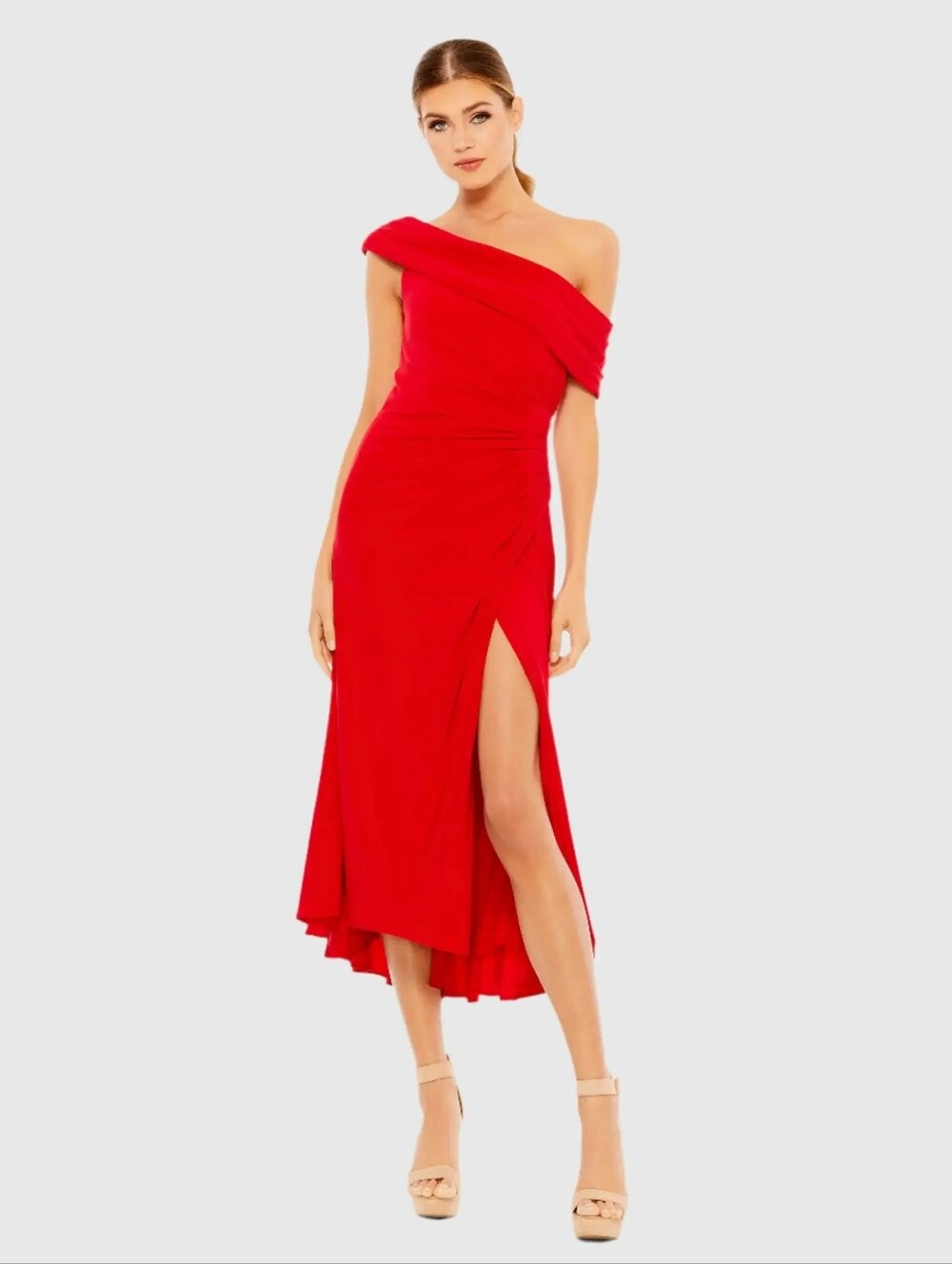 MAC DUGGAL Size 0 Red Ruched Off-The-Shoulder Midi Dress Jersey Gown